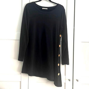Black Asymmetrical Hem Knit Tunic Top or Mini Dress with Wooden Buttons.  Sz. M